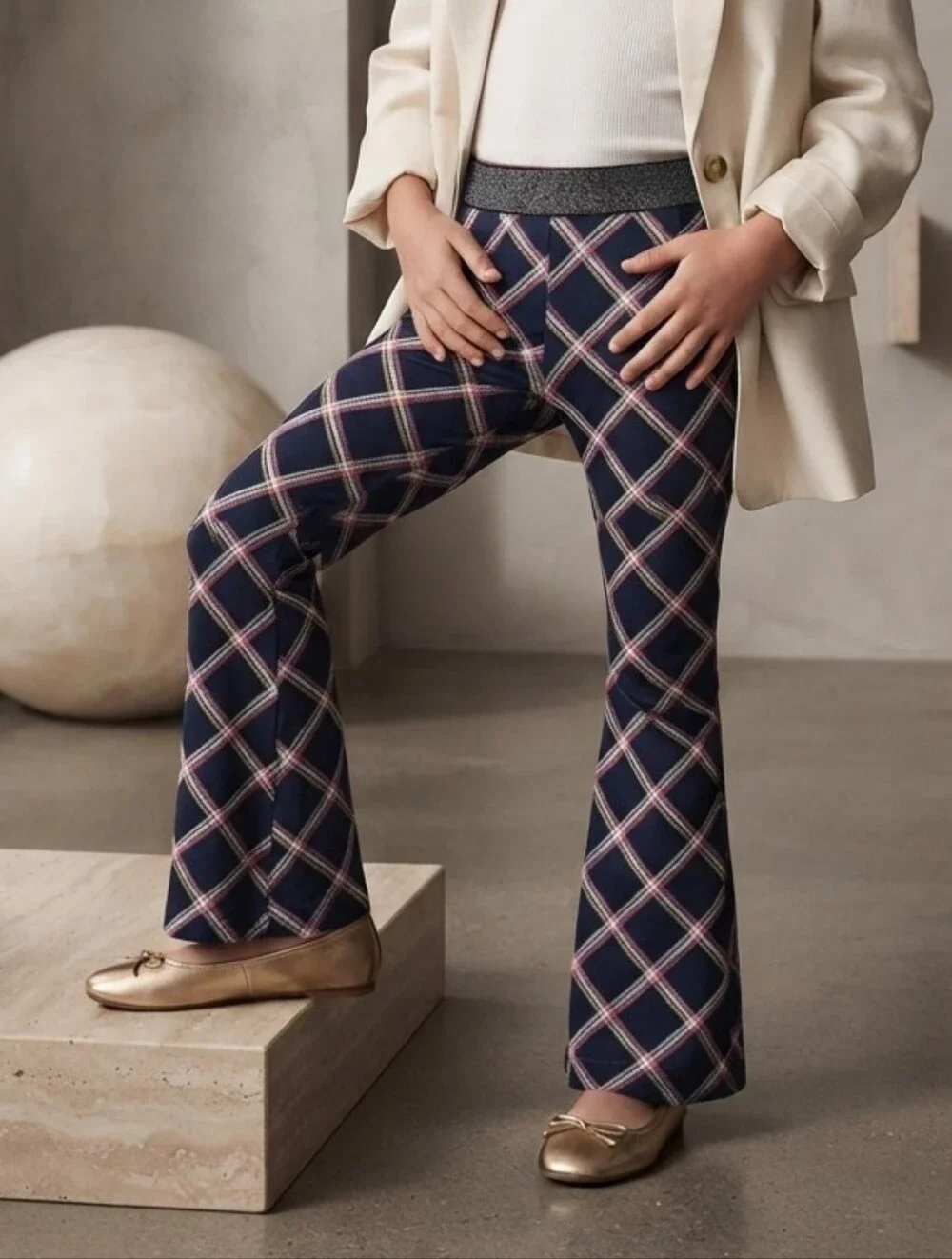 Garanimals Navy Plaid Flare Leggings with Pink and Cream Lines